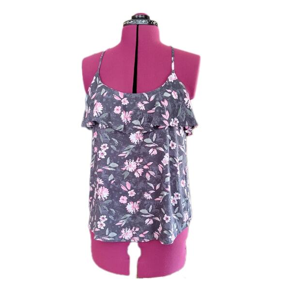 American Eagle 100% Modal Grey & Pink Floral Boho Ruffle Top sz S - Picture 1 of 6
